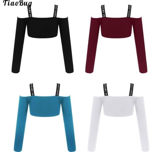TiaoBug Summer Kids Girls Shoulder Straps Slash Neck Long Sleeve Crop Top Active Workout Running Gym Yoga Sports Bra Top T-Shirt