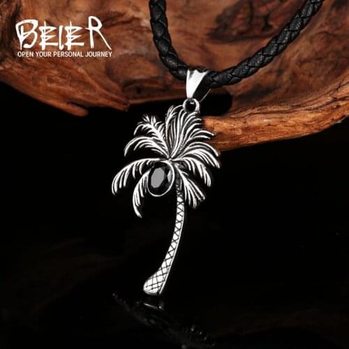 Beier Stainless Steel Coconut Palm Tree Pendant Chain Necklace men Jewelry LLLHP157P