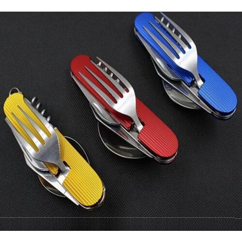 6 in 1 Folding Dinnerware Set Portable Stainless Steel Camping Picnic Cutlery Knife Fork Travel Tableware Opener