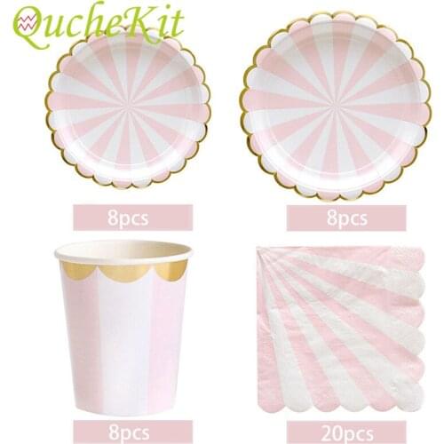 Pink Disposable Tableware Set Birthday Party Decorations Paper Plates Cup Straws Napkins Carnival Wedding Decor Party Supplies