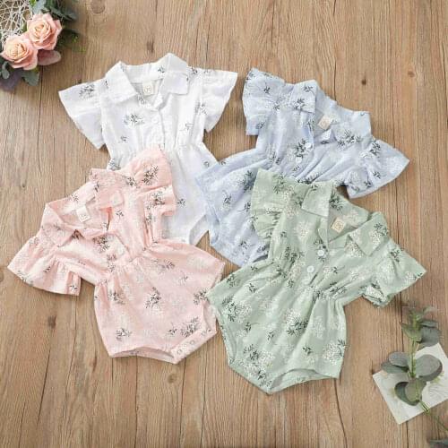 2021 Summer New Baby Girls Bodysuit Clothes Floral Printed Cotton Casual Short Sleeve Button Jumpsuit Little Baby Outfits