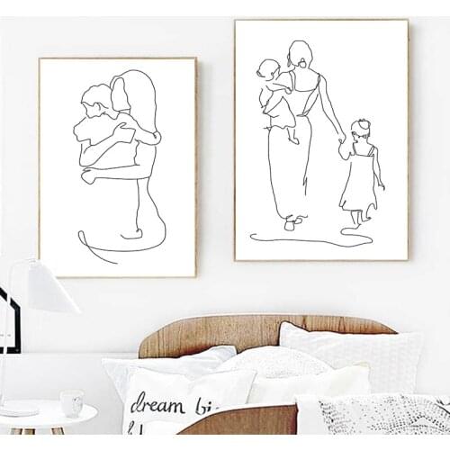 Mother and Daughters Son Art Line Drawing Posters Abstract Minimalist Wall Art Canvas Print Painting Moder Decorative Pictures