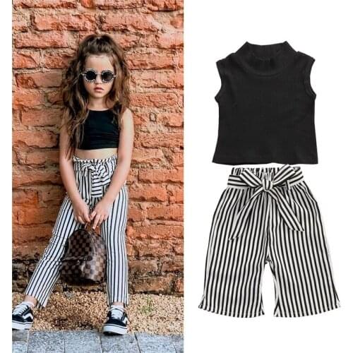 1-5Y Kids Baby Girls Summer Clothes Solid Color Sleeveless Ribbed Tops+Bandage Striped Long Pants