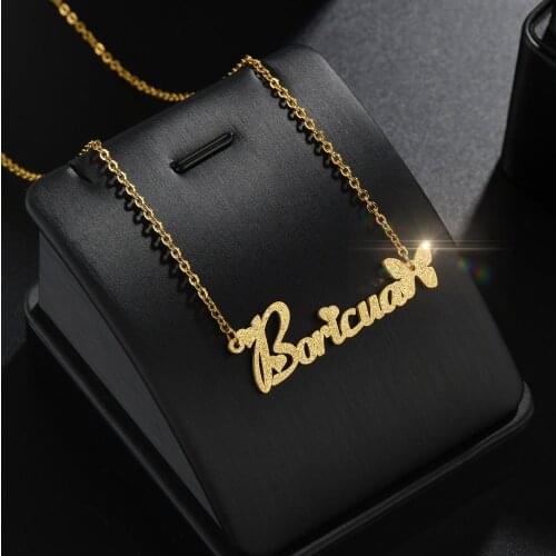 Customized Stainless Steel Frosted Name Necklace With Heart Personalized Letter Gold Piercing Butterfly Pendant Name Gifts