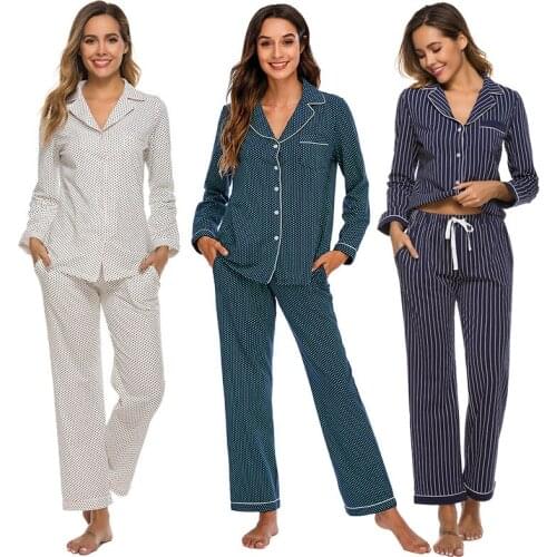Witbuy Cotton Sleepwear Women Pajama Sets Polka Dot Autumn Long Sleeve Homewear Turn-down Collar Female Night Wear For Women