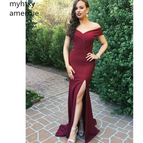 Simple Cheap Sexy Red Evening Dress 2020 Mermaid Formal Prom Party Dresses Off Shoulder Sweep Train Side Split Gown Custom Made