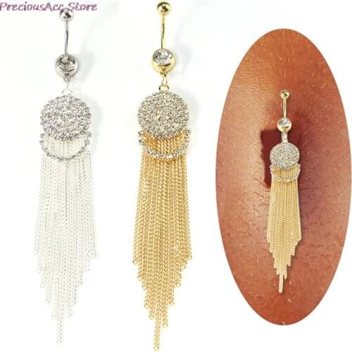 Long Tassel Belly Button Ring With Rhinestone Pendant Surgical Steel Piercing Bell Stud Body Jewelry 5mm+8mm/0.197in+0.314in
