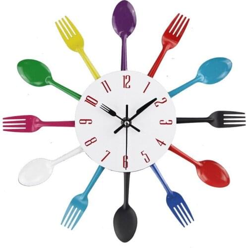 Modern silver tableware kitchen 3d DIY digital wall clock spoon fork Crystal Mirror Sticker Living Room clock home decoration