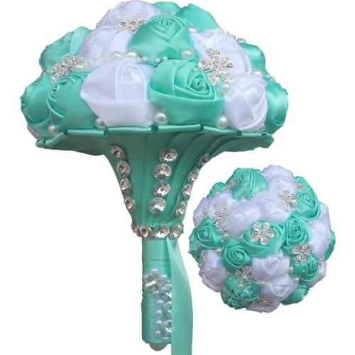 Wedding Bouquets Satin Ribbon Sweet 15 Quinceanera Bouquets Artificial Flowers Rhinestones Crystal Bridal Holding Flowers W224