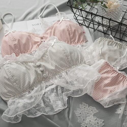 Wriufred Cotton Lace Front Button Bra with Panty Set No Steel Ring Sleeping Underwear Panties Suit Womens Sexy Bow Lingerie Set