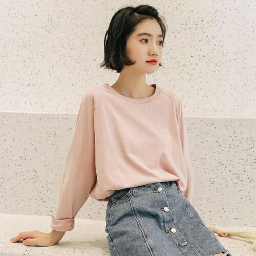 2019 Autumn New Women Basic Tee Shirt Women Casual Round Neck Long Sleeve Loose T-shirt Pink/White Woman Tops