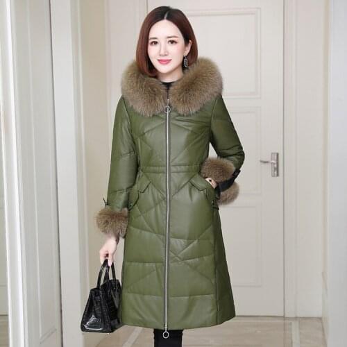 Real Sheepskin Leather Jackets Women 90% White Duck Down Coat Female Fox Fur Collar Hooded Womens Coats Mujer Chaqueta Zjt2146