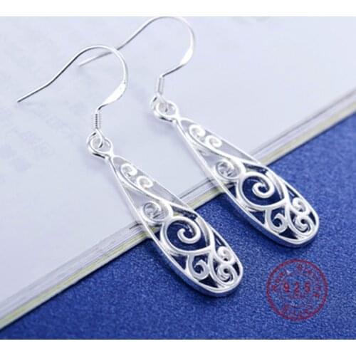 Fine Jewelry Stud Earrings Retro Vintage Alloy Hollow Women Silver Color Leaflike Long Bohemian Pierced Stud Earring for Women