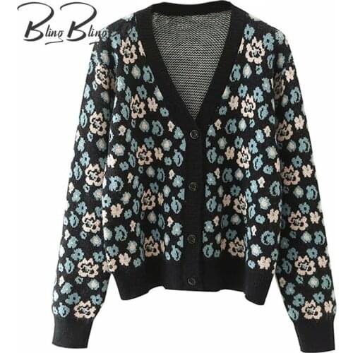BlingBlingee Za 2021 Autumn Winter Flowers Jacquard Knit Cardigan Traf Pull V Neck Single Breasted Woman Casual Sweater Jackets