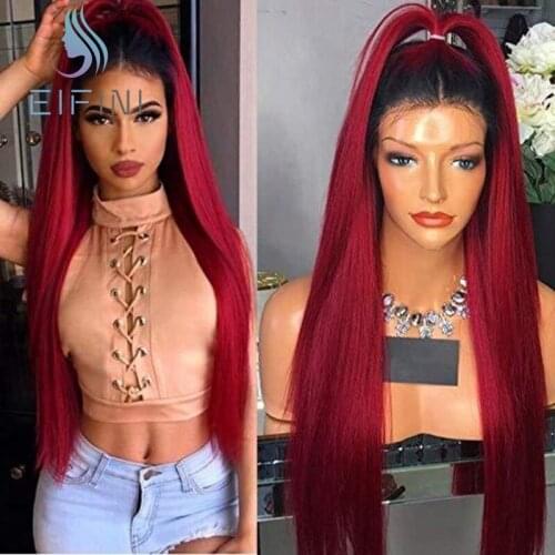1B/99J Ombre Red Color Straight T Lace Part Human Hair Wigs With Baby Hair Remy Glueless Brazilian Closure Wigs For Black Womens