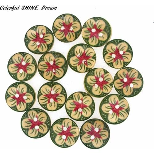 20PCs Wholesale Natural Wooden Buttons Round Green Flower Design Scrapbooking Sewing Accessories DIY Craft 2 Holes 15mm Dia