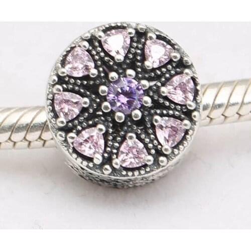 Authentic S925 Silver Bead DIY Jewelry Shimmering Medallion Charm fit Lady Bracelet Bangle Pink CZ Girl Gift