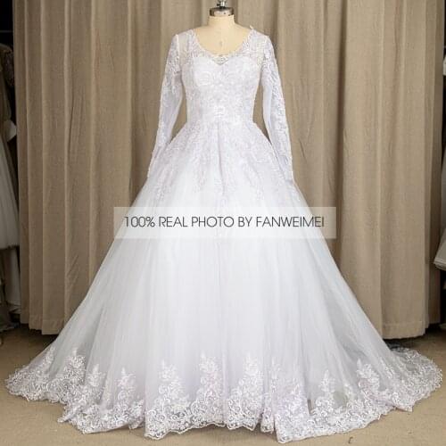 9232#100% Real Photos White Illusion V-Neck Lace Long Sleeve Applique Sequined Princess Ball Gown Wedding Quinceanera Dresses