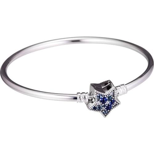 Sparking Blue Star Clasp Bracelets For Woman DIY Beads & Charms Authentic 925 Sterling Silver Fashion Jewelry Bracelets
