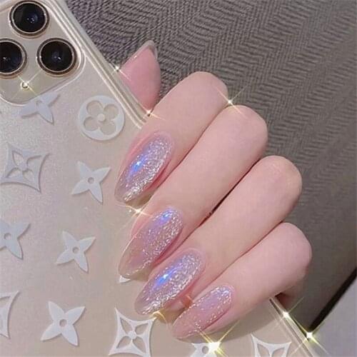 Ins blue-ray spar cat eye gel false nails 24pcs french with glue lady full nail tips Bride middle-long size fake nails Nail art