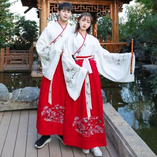 Hanfu Women White Tops Red Skirt Adults Traditional Chinese Dance Costumes Men Folk Performance Clothing Stage Wear DNV11611