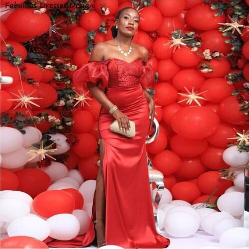 Red Off Shoulder Prom Dresses For Black Girls Lace Mermaid Long Evening Dress Party With Split 2021 Sweep Train Robe De Soiree