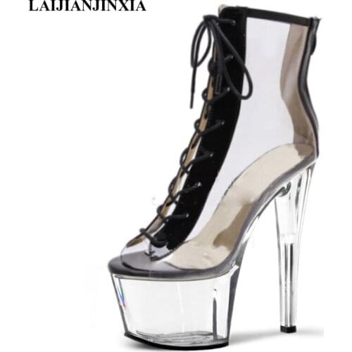 LAIJIANJINXIA New Ankle Boots Transparent Heels High Heel Shoes 8 inch Patent Leather Platform Womens BootsDance Shoes
