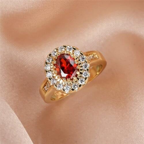 Fashion Oval Red Zircon Ring White Crystal Stone Rings For Women Wedding Jewelry Vintage Yellow Gold Birthstone Engagement Ring