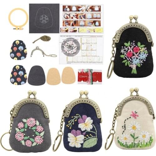 DIY Flower Embroidery Bag Kit DIY Mini Embroidery Bag Fabric Bag Key Chain Cross Stitch Sets Sewing Craft