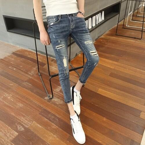 Wholesale 2020 Fashion Casual Social guy cowboy beggar pants mens Slim Korean tight skinny jeans men feet hole ankle pants