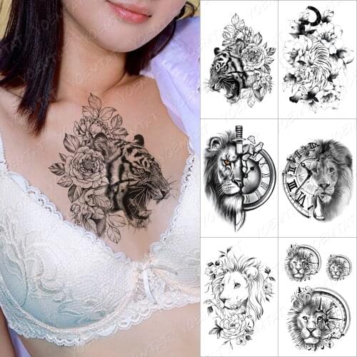 Waterproof Temporary Tattoo Rose Line Tiger Flowers Tatto Sticker For Men Women Wolf Fox Fake Tatoo Henna Lion Animal Body Art