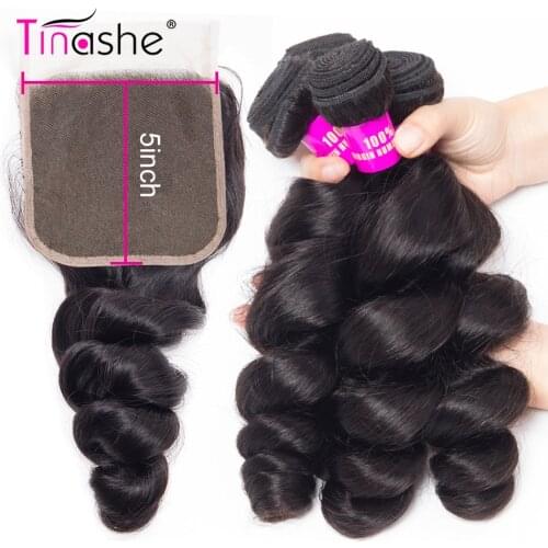Tinashe 5x5 Lace Closure With Bundles Loose Wave Bundles With Closure Remy Brazilian Human Hair Weave 3 Bundles With Closure