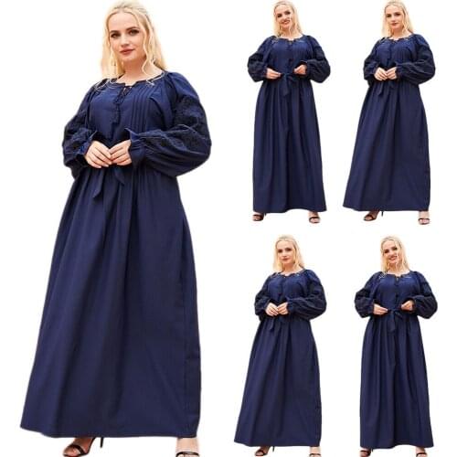 Plus Size Embroidery Long Dress Women Long Sleeve Loose Casual Kaftan Arab Abaya Muslim Middle East Islamic Turkish Ramadan Robe