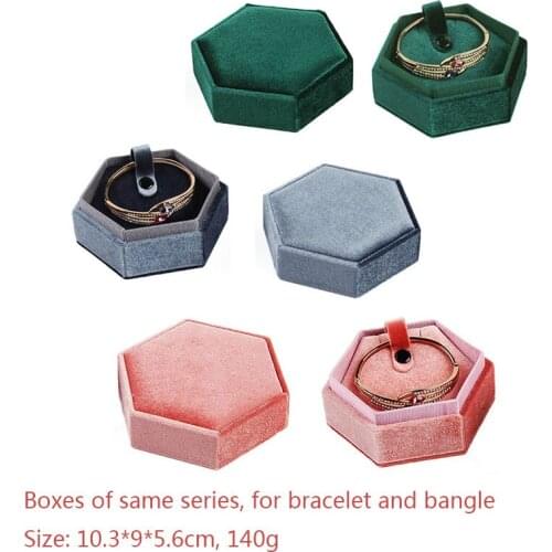Pink Blue Gray Green Velvet Hexagonal Elegant Gift Bracelet Bangle Storage Case for Wedding Engagement Party Gift Anniversary