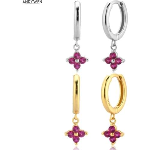 ANDYWEN 925 Sterling Silver Rose Red Four Crystal Pendent Charm Circle Pendiente Drop Earring Piercing CZ Zircon Fashion Jewelry