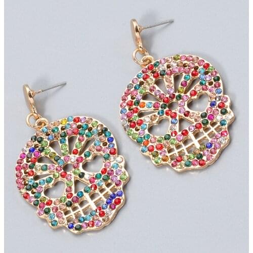 Fashion Color Rhinestone Statement Earrings Jewelry Cheap Unique Hollow Gold Skull Earrings for Women