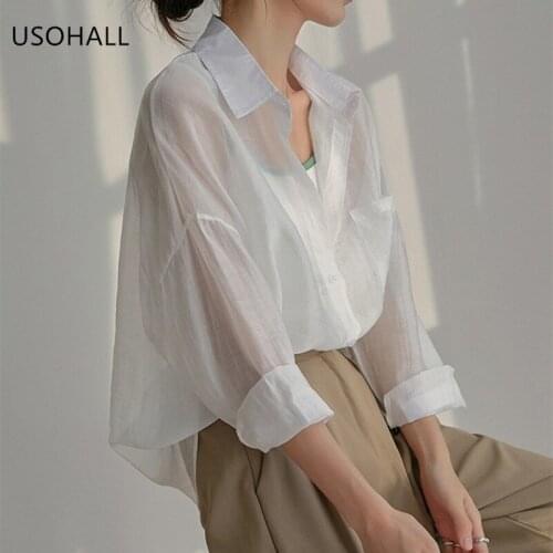 USOHALL Summer Solid Loose Thin White Breathable Cotton Shirt Women Sunscreen Blouse Coat