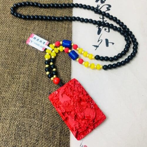 Zheru Jewelry Natural Cinnabar Carving Retro Broadsword Wuwang Pendant with Tri-Color Bead Necklace Male Sweater Chain