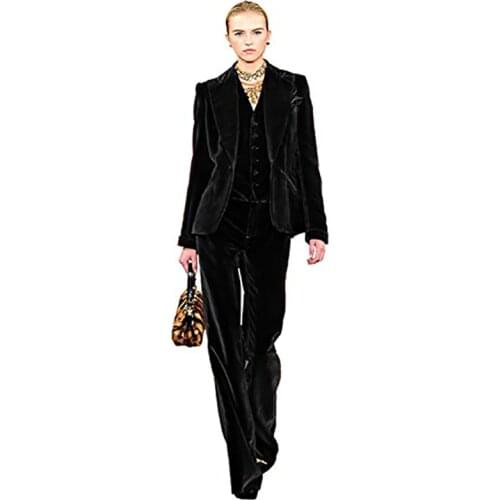 Womens Slim Fit Suits Velvet Blazer 3 Piece Office Ladies Business Suit Pointed Collar Formal Wedding Tuxedo