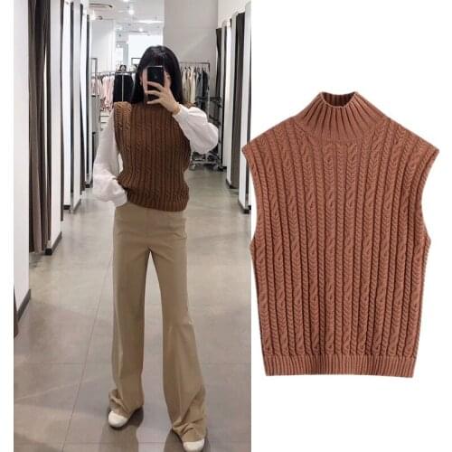 Pinkou Women Elegant Knitted Vest Stretchy Body Half High Collar Sleeveless Sweater Retro Autumn Stylish Pullovers Tops MA06