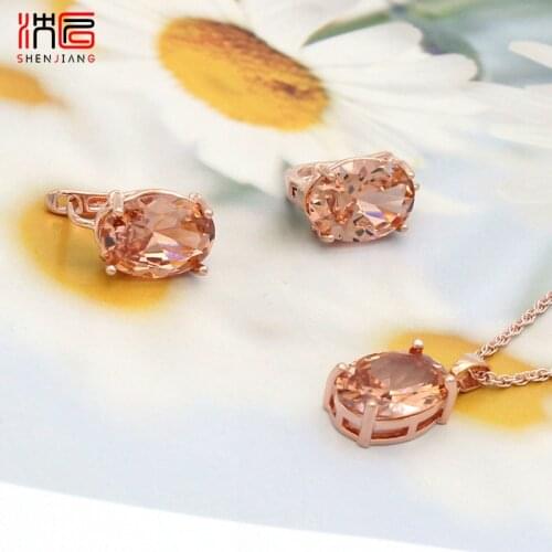 SHENJIANG Korean Fashion Oval Egg Shape Cubic Zirconia Jewelry Set Rose Gold Dangle Earrings Pendant Necklace For Women Jewelry