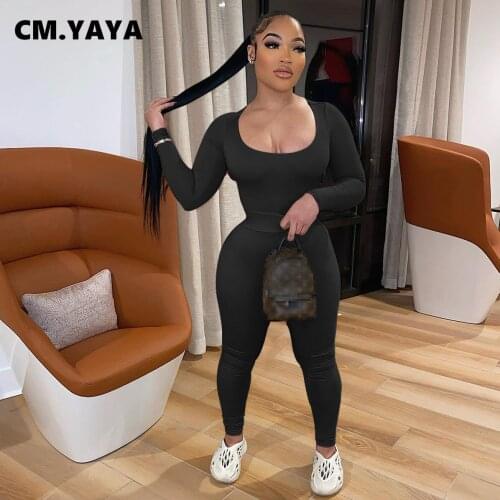 CM.YAYA Women Set Solid Full Sleeve O-neck Slim Tops Skinny Pencil Pants Two 2 Piece Sets Sporty Tracksuit Casual Outfit Autumn
