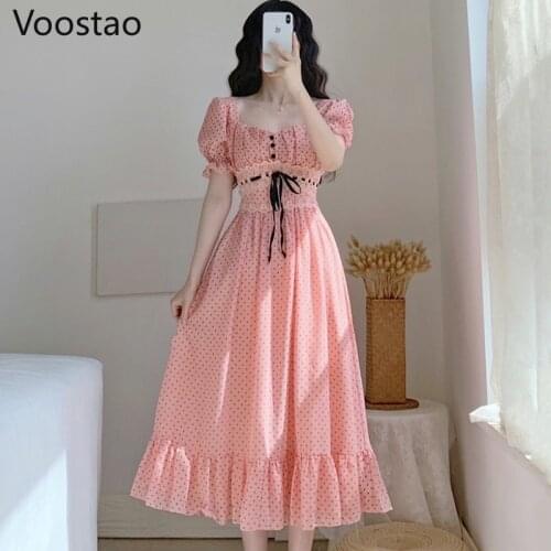 French Vintage Sweet Wave Point Print Midi Dress Summer Women Chic Bandage Lace Slim Party Dresses Female Elegant Chiffon Dress