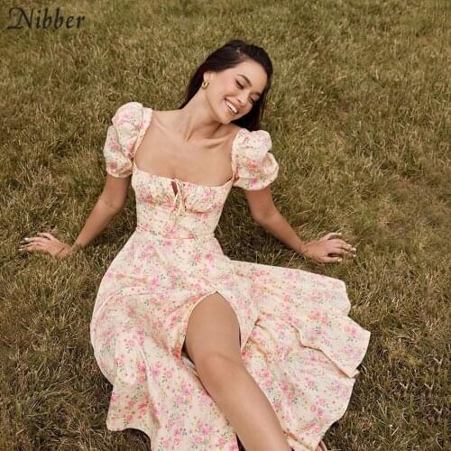 Nibber Y2k French Romance Retro low cut Dresses Women Floral Print lace up Puff Sleeve Side Slit Midi Dress Vacation Beachwear