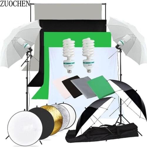 ZUOCHEN 2×135W Photography Studio Umbrellas Lighting Kit White Black Green Gray Backdrop Light Stand Reflector Kit For Facebook