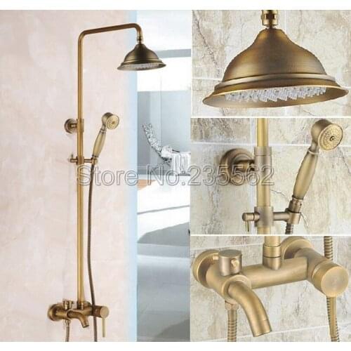 Antique Brass Bathroom Single Handle Rain Shower Faucet Set Mixer Tub Tap Wall Mounted with Handheld Shower lrs181