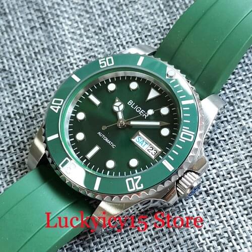 BLIGER Brand Japan NH36A Sunburst Light Green 40mm Automatic Men Watch Weekday Rubber Strap Undirectional Bezel Ring