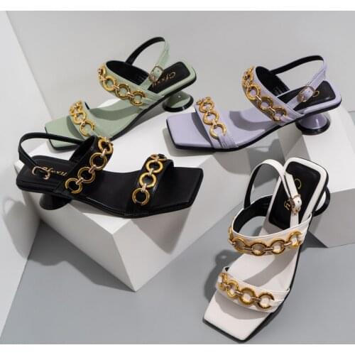 Fashion Chain Womens High Heels Solid Color Large Size Womens Sandals Square Head Summer Womens Slippers Zapatillas Mujer