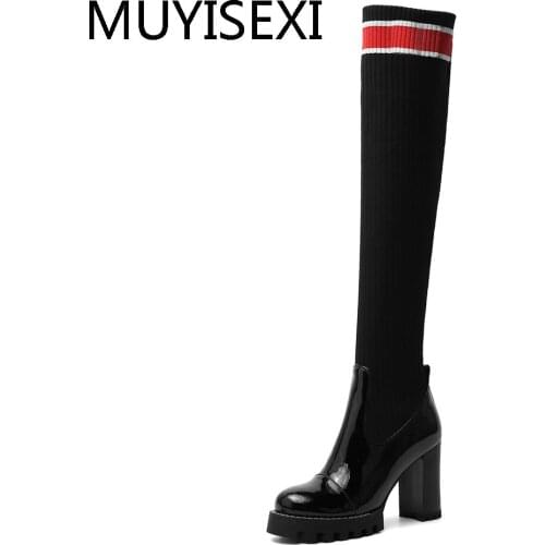 Elastic Knitting Boots Platform High Heel 9 cm Thick Heel Patent Leather Women Over the Knee Boots Thigh High JGG06 MUYISEXI