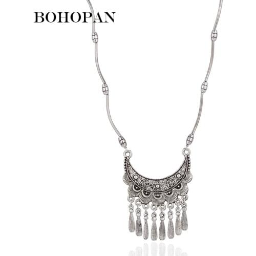 Ethnic Jewelry Necklace Vintage Silver Color Hollow Carved Metal Flower Tassel Pendants Necklace Women Beaded Chain Gift Bijoux